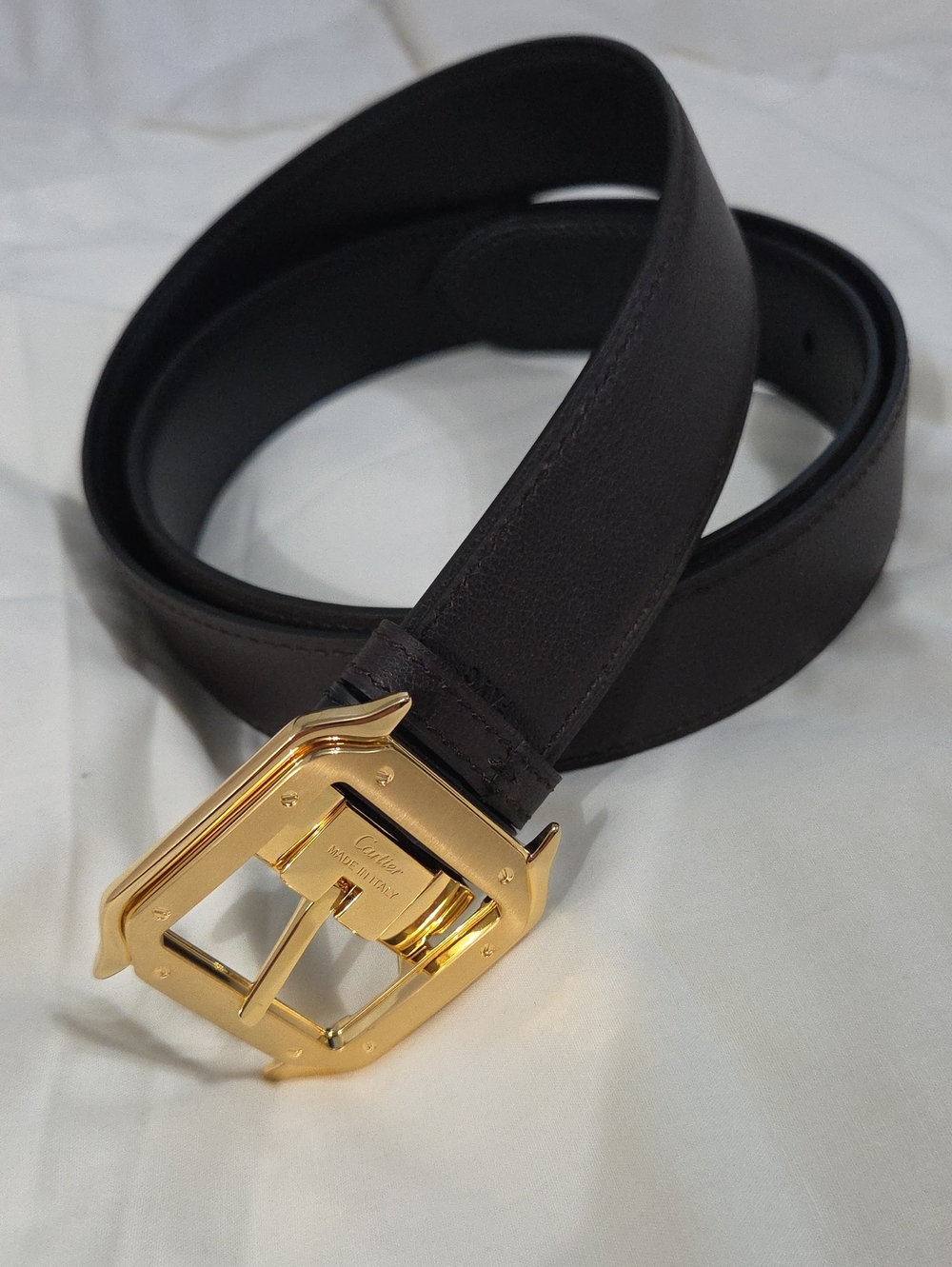 Cartier Santos Reversible Dark Brown Black Leather Belt Gold Square Buckle